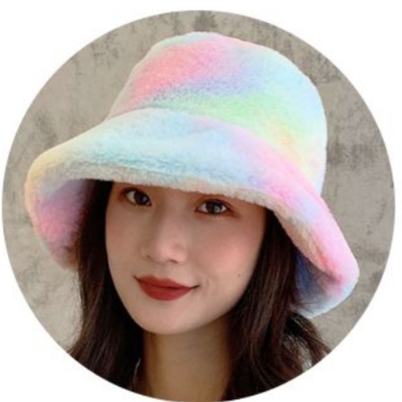 Women Tie Dye Rainbow Fluffy Faux Fur Bucket Hat - Picture 5 of 12